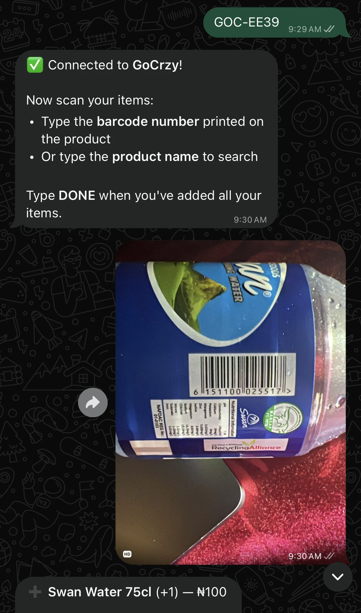 Self-checkout in WhatsApp: text the store code, snap the barcode